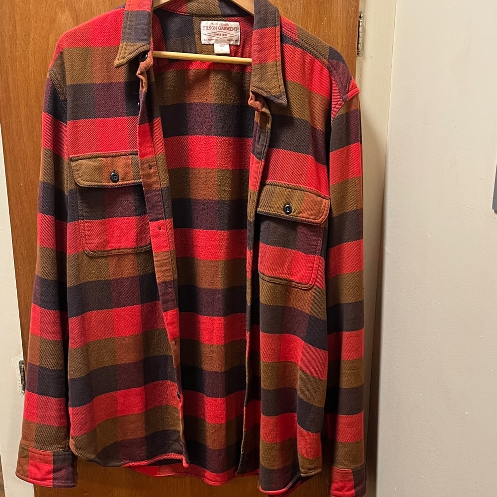 Filson Red Brown Tan Checkered Shirt Heavy Soft Cotton Mens Large